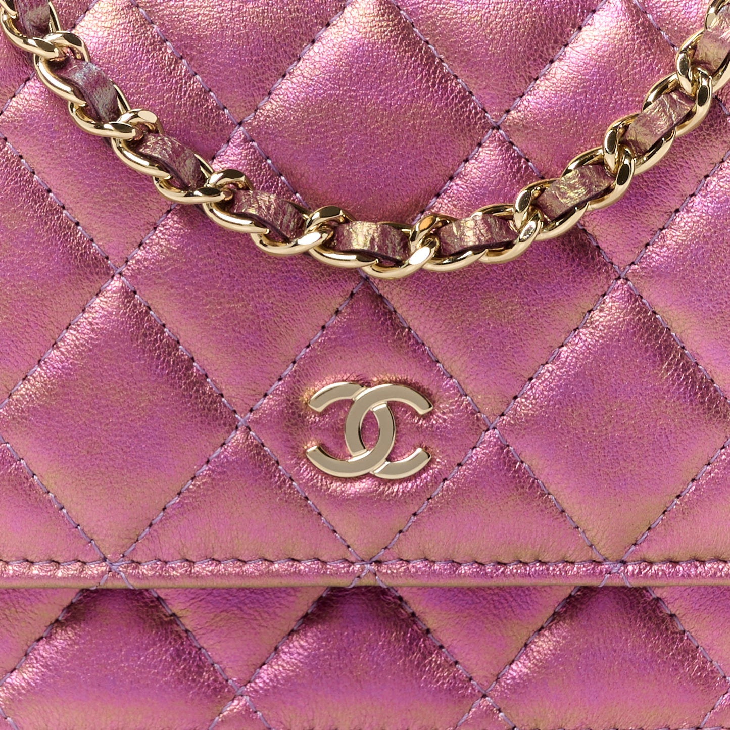 Iridescent Lambskin Quilted Mini Wallet On Chain WOC Purple