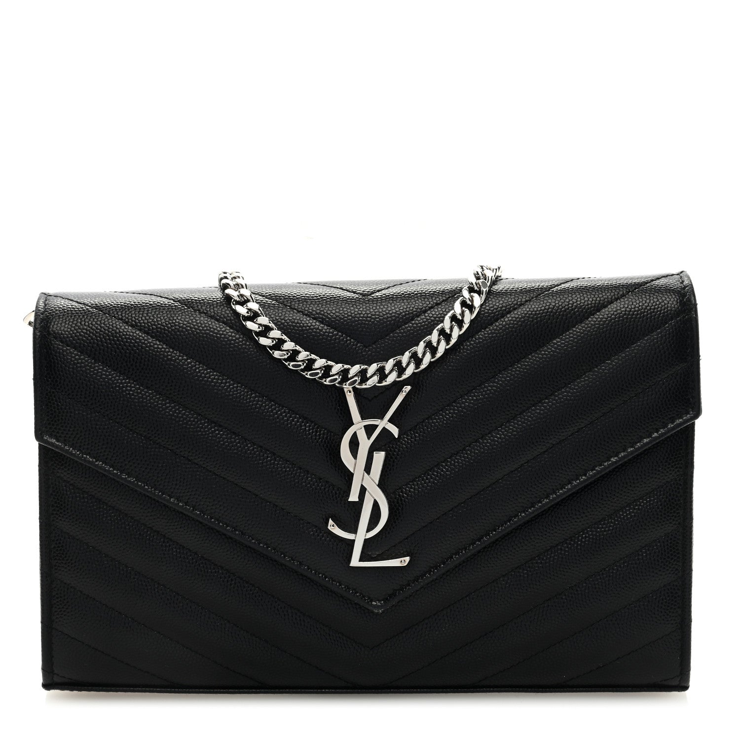 Saint Laurent Grain De Poudre Matelasse Chevron Monogram Chain Wallet Black 1 of 9