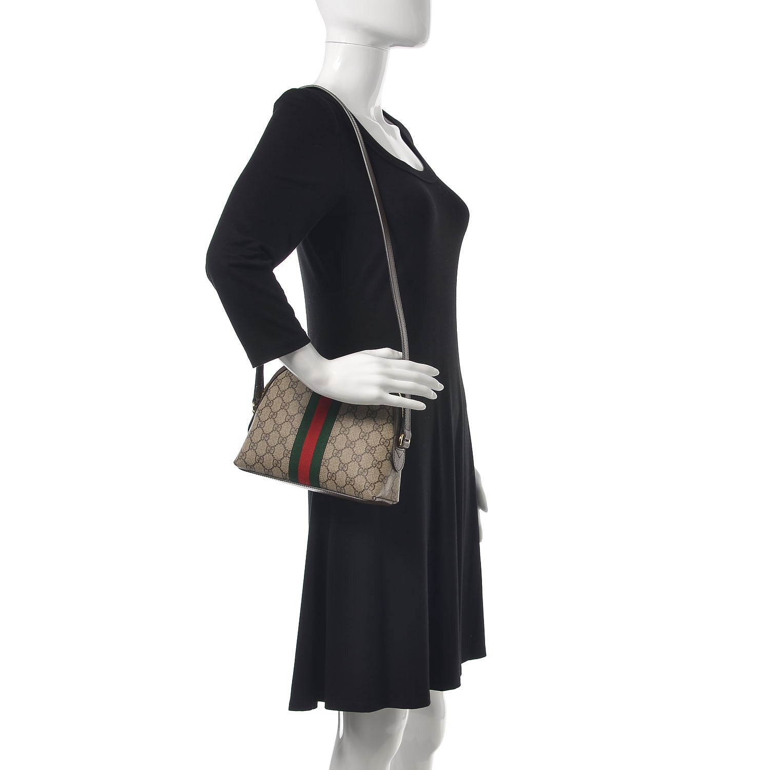 Gucci GG Supreme Monogram Textured Dollar Calfskin Web Small Ophidia Dome Shoulder Bag Beige Ebony New Acero 2 of 10