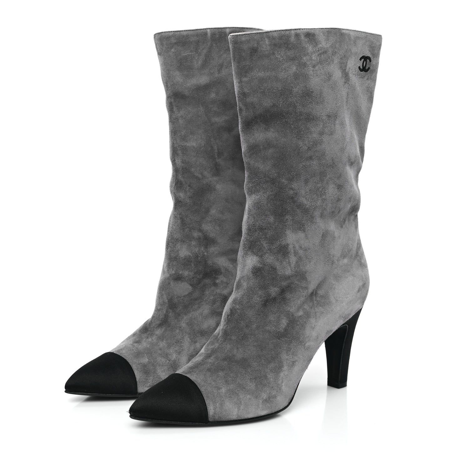 Suede Calfskin Satin Gabrielle Cap Toe Boots 39 Grey Black
