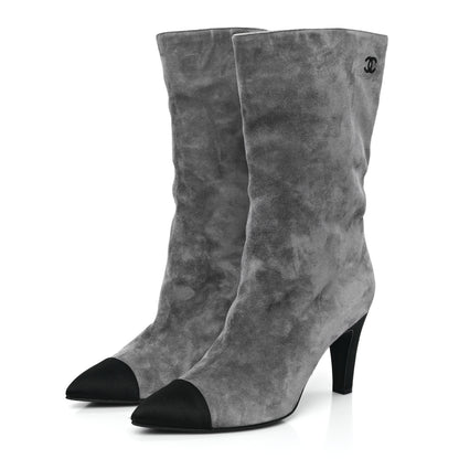 Chanel Suede Calfskin Satin Gabrielle Cap Toe Boots 39 Grey Black 3 of 9