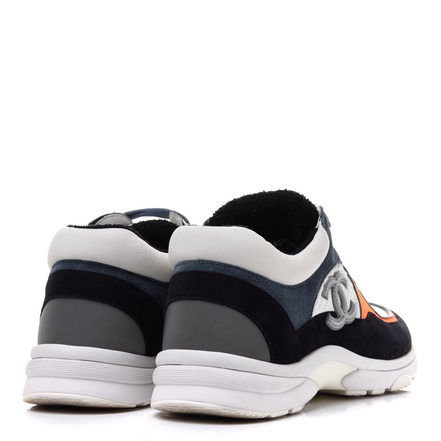 Chanel Nylon Calfskin Suede CC Womens Sneakers 36.5 Navy White Orange Black 4 of 9