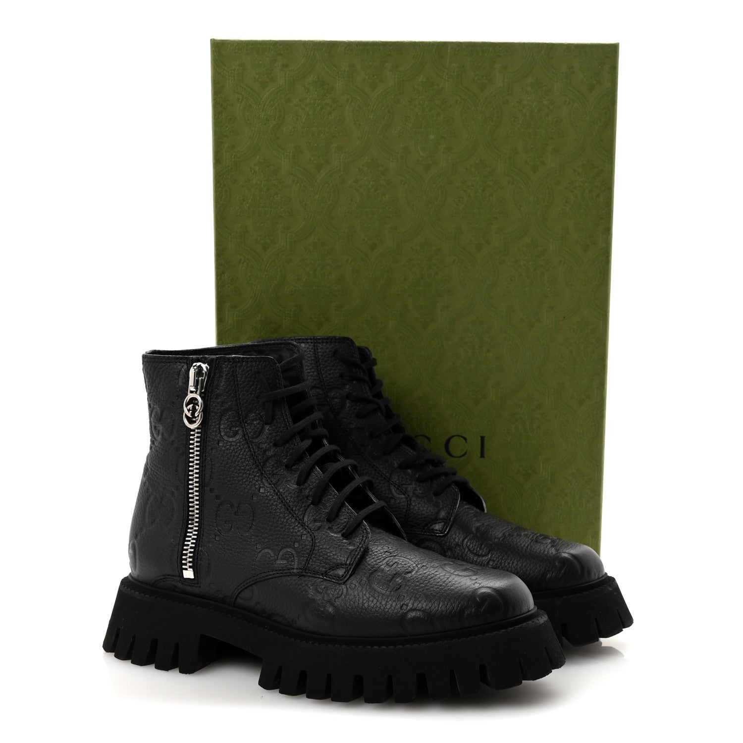 Gucci Calfskin Embossed Monogram Mens Lace Up Ankle Boots 7 Black 9 of 9
