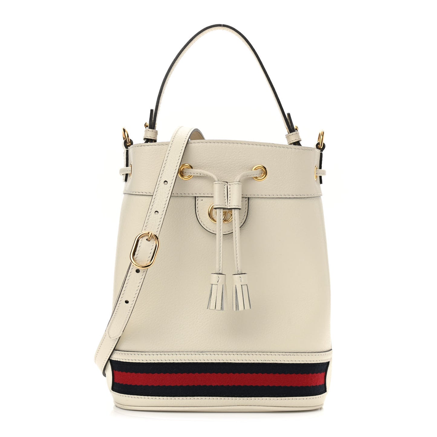 Glazed Textured Calfskin Web Small Ophidia Bucket Bag Mystic White