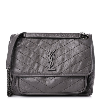 Saint Laurent Crinkled Calfskin Matelasse Monogram Medium Niki Chain Satchel Fog 1 of 9