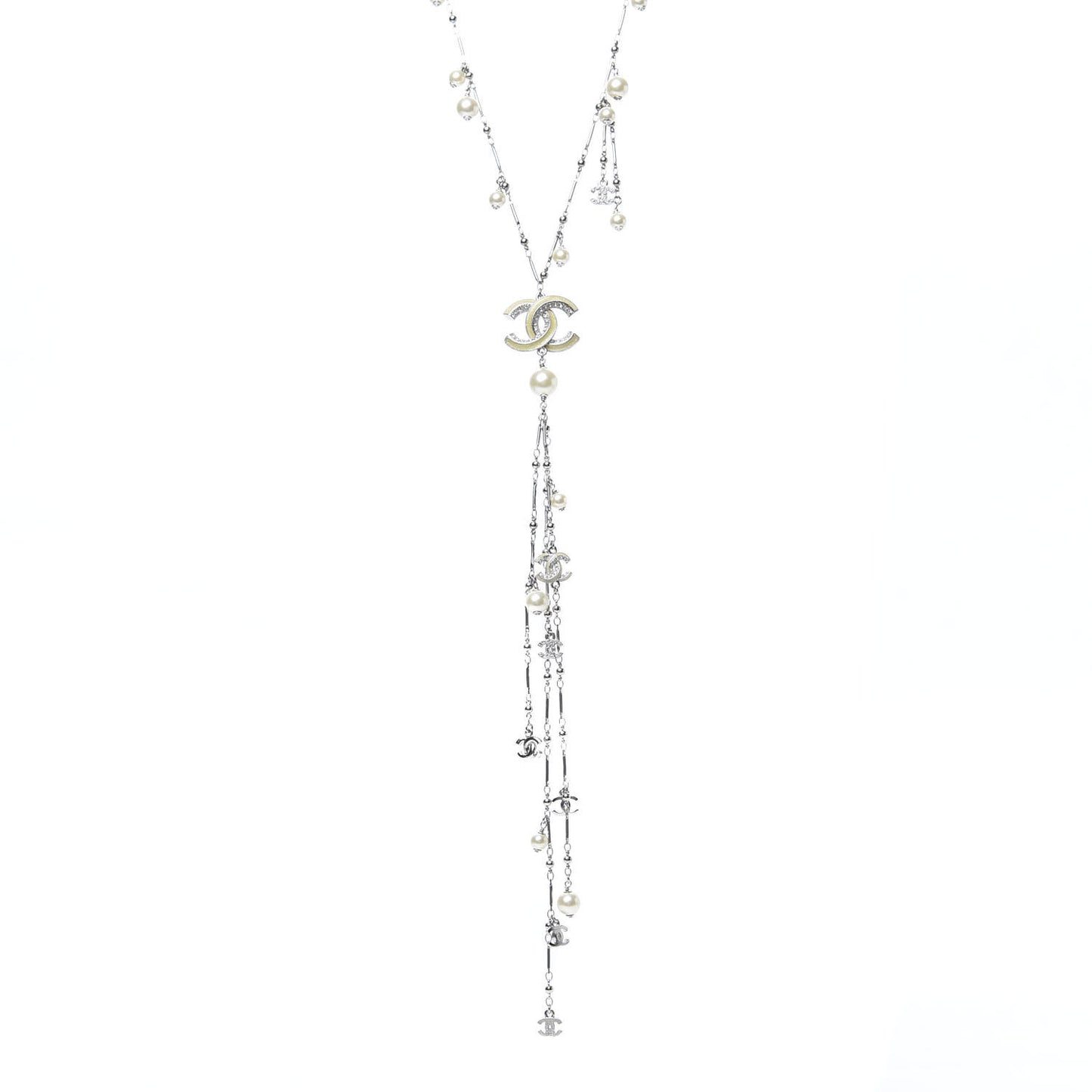 Crystal Pearl CC Beaded Long Necklace Silver