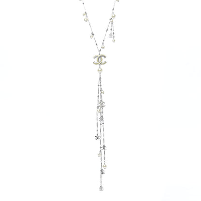 Chanel Crystal Pearl CC Beaded Long Necklace Silver 1 of 5