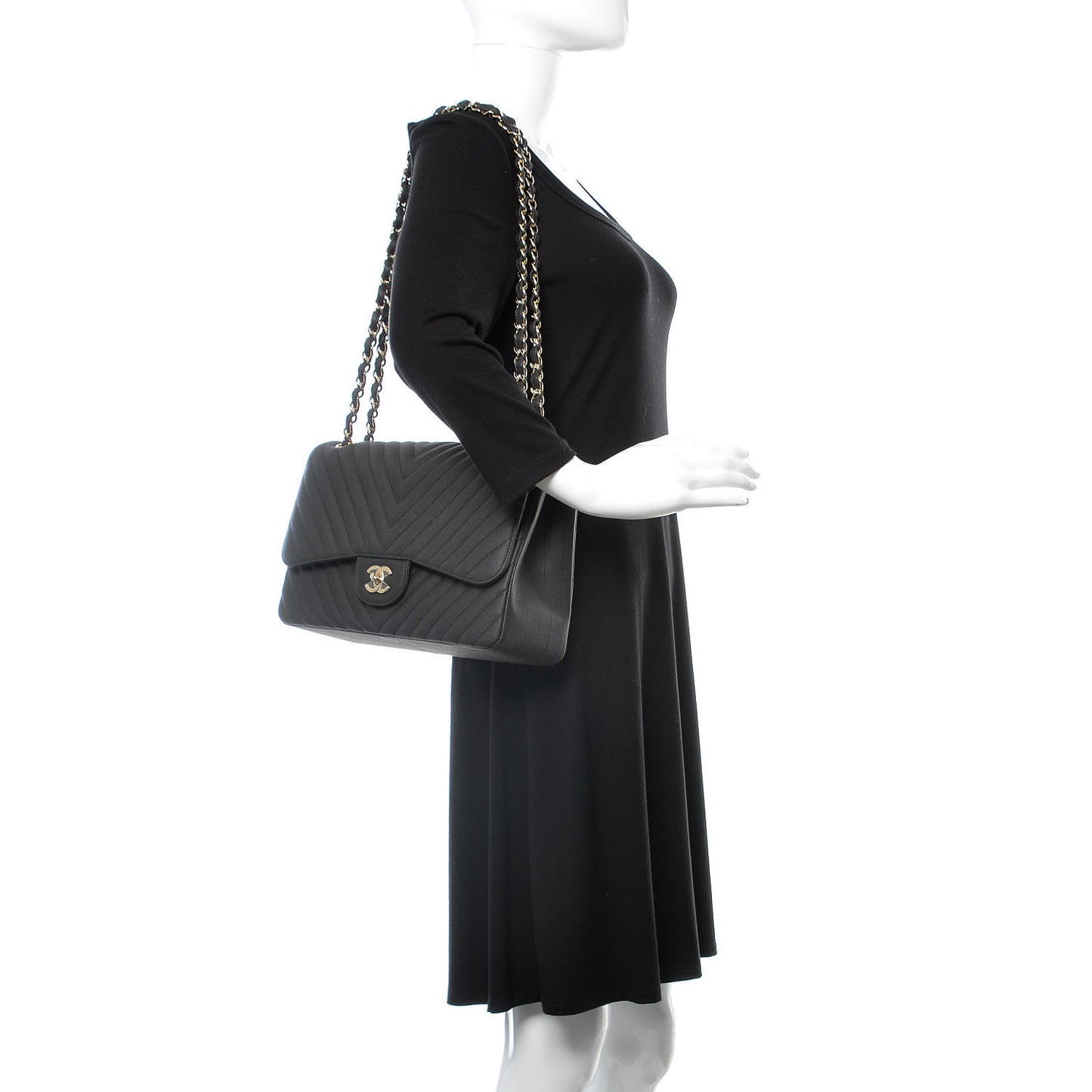Caviar Chevron Quilted Jumbo Double Flap Black