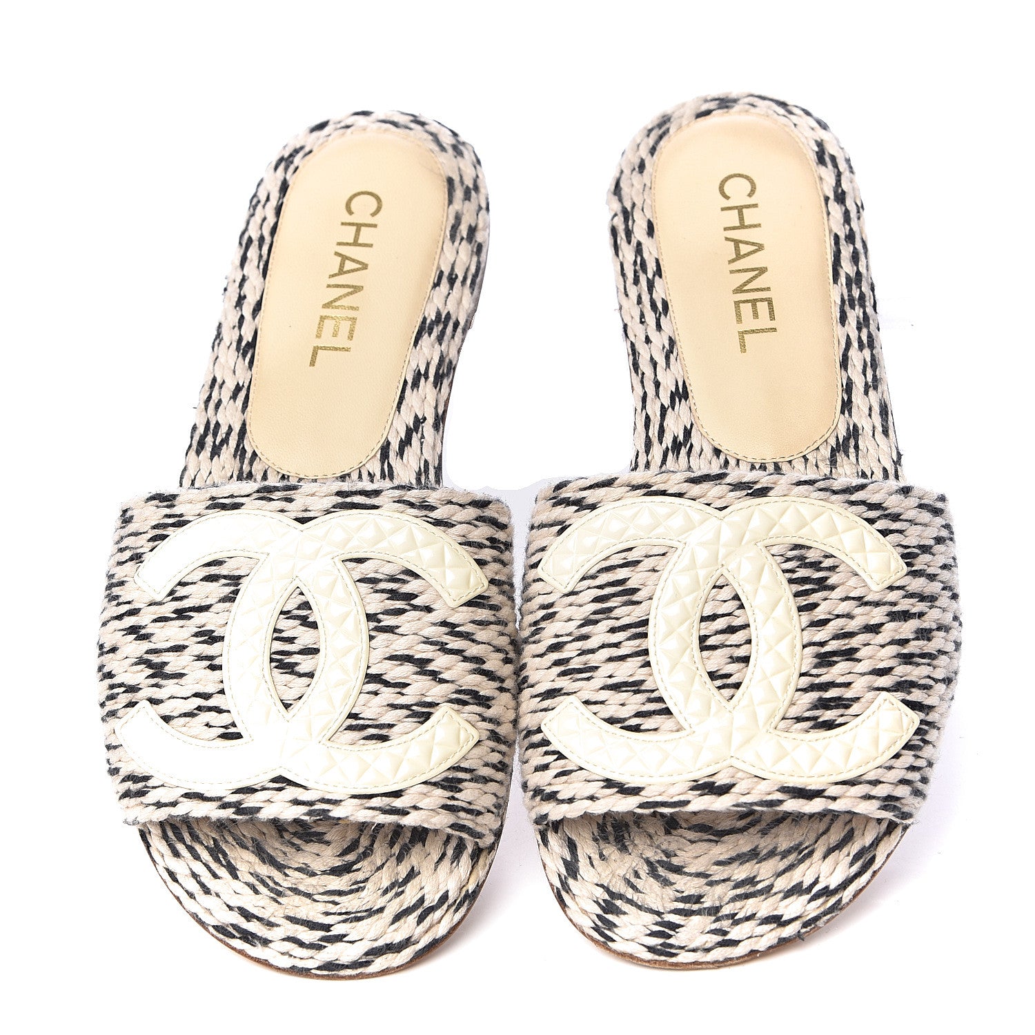 Chanel Cord CC Slip On Sandals 37 Beige Black 17 of 18
