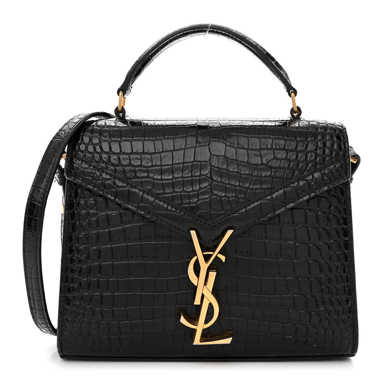 Saint Laurent Calfskin Crocodile Embossed Mini Classic Monogram Cassandra Top Handle Black 1 of 12