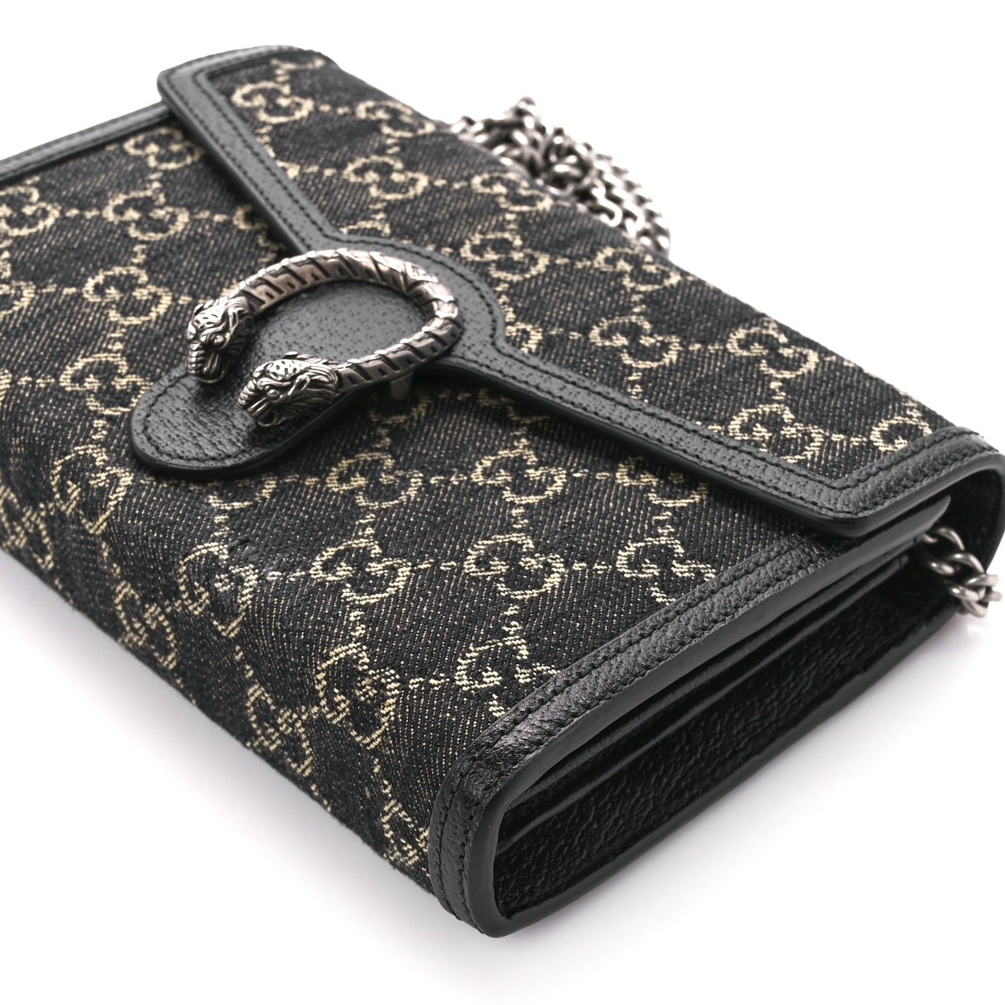 Jacquard Black Denim GG Monogram Mini Dionysus Chain Wallet Black Ivory
