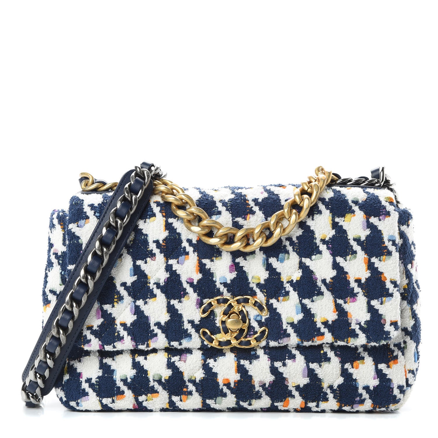 Chanel Tweed Quilted Medium Chanel 19 Flap Ecru Navy Blue Multicolor 1 of 10