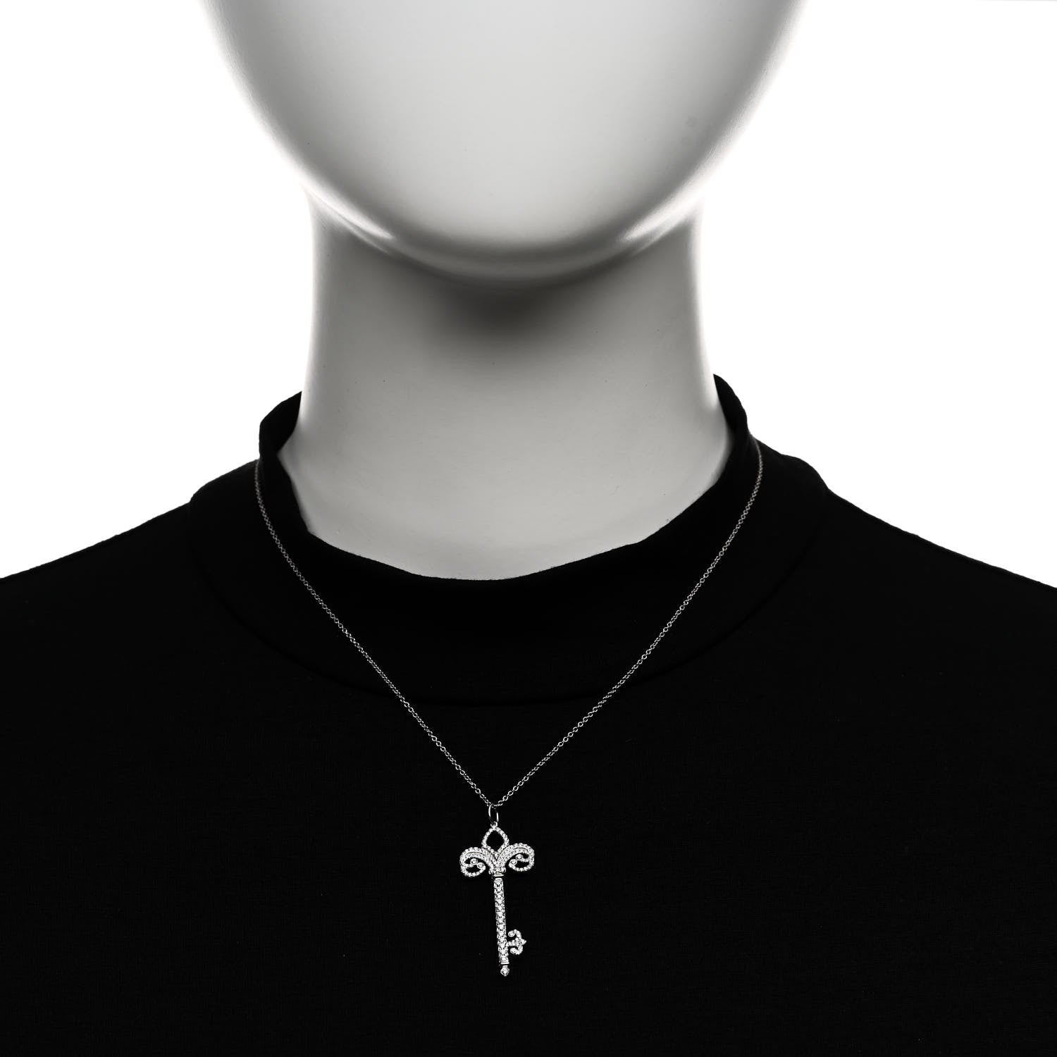 Tiffany Platinum Diamond .37ct Fleur De Lis Key Pendant Necklace 2 of 7