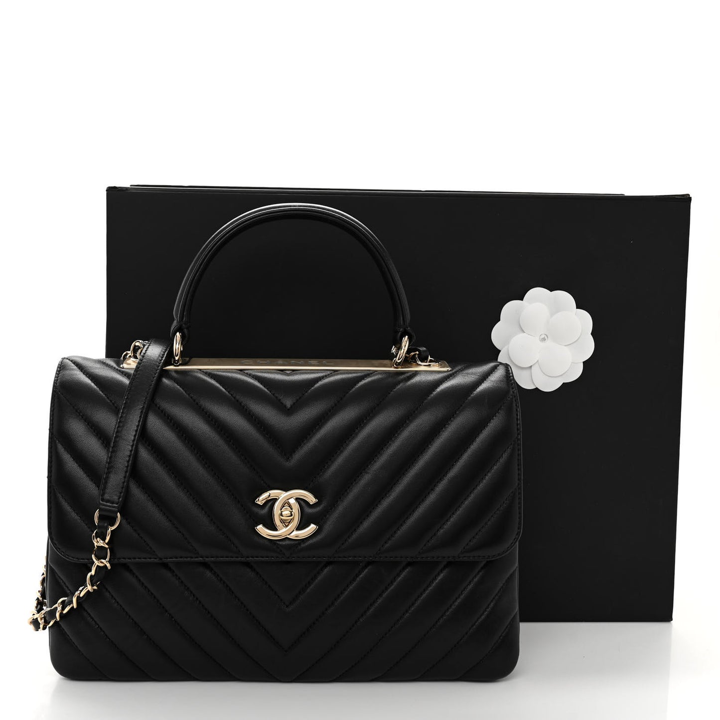 Lambskin Chevron Quilted Medium Trendy CC Dual Handle Flap Bag Black