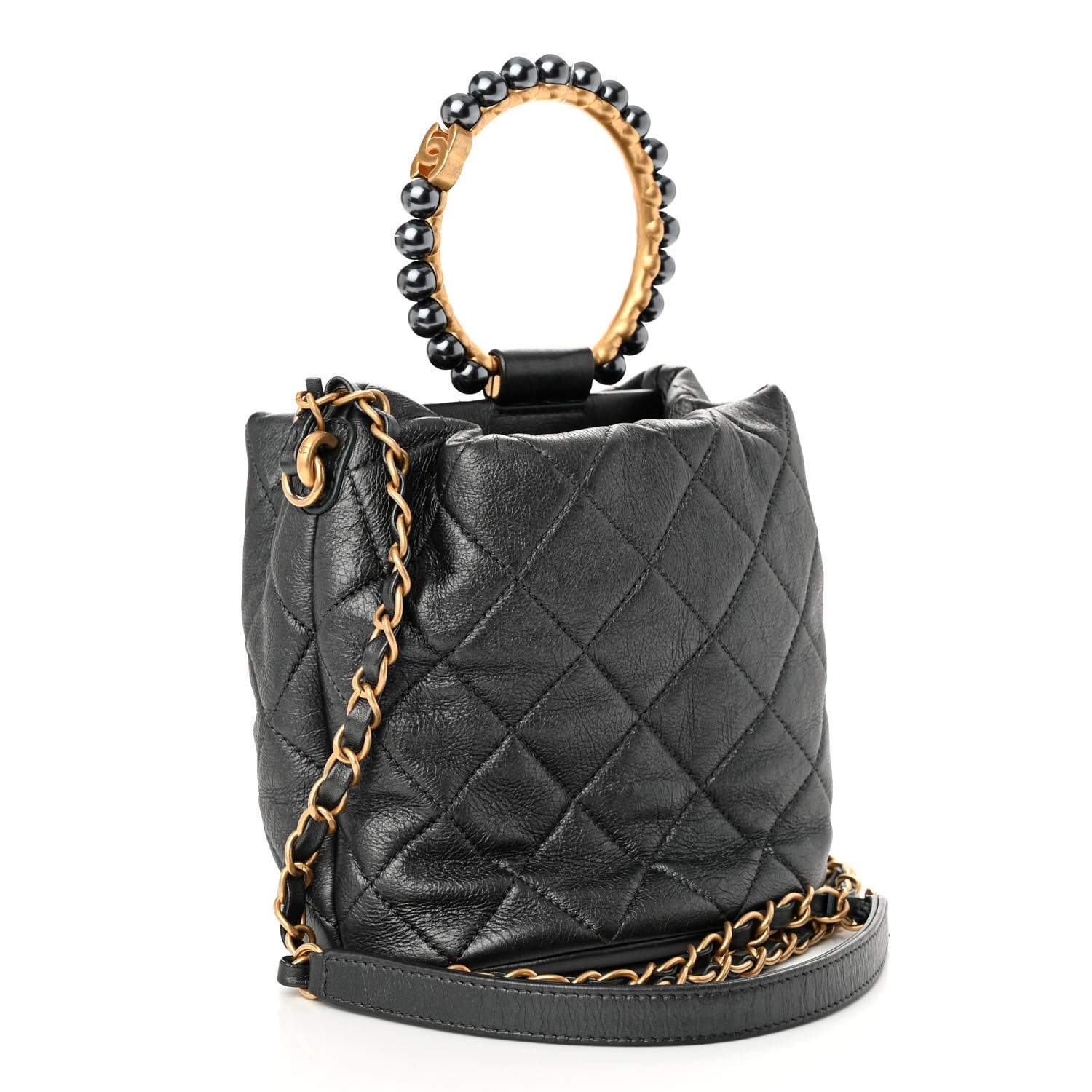 Chanel Metallic Lambskin Quilted Pearl Crown Drawstring Bag Anthracite 3 of 10