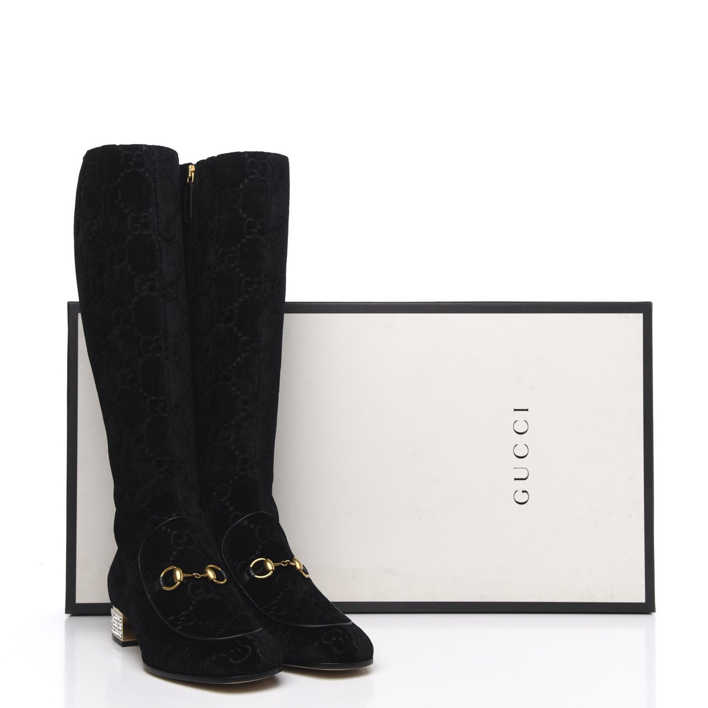 Velvet GG Monogram Crystal Horsebit Knee High Boots 39.5 Black