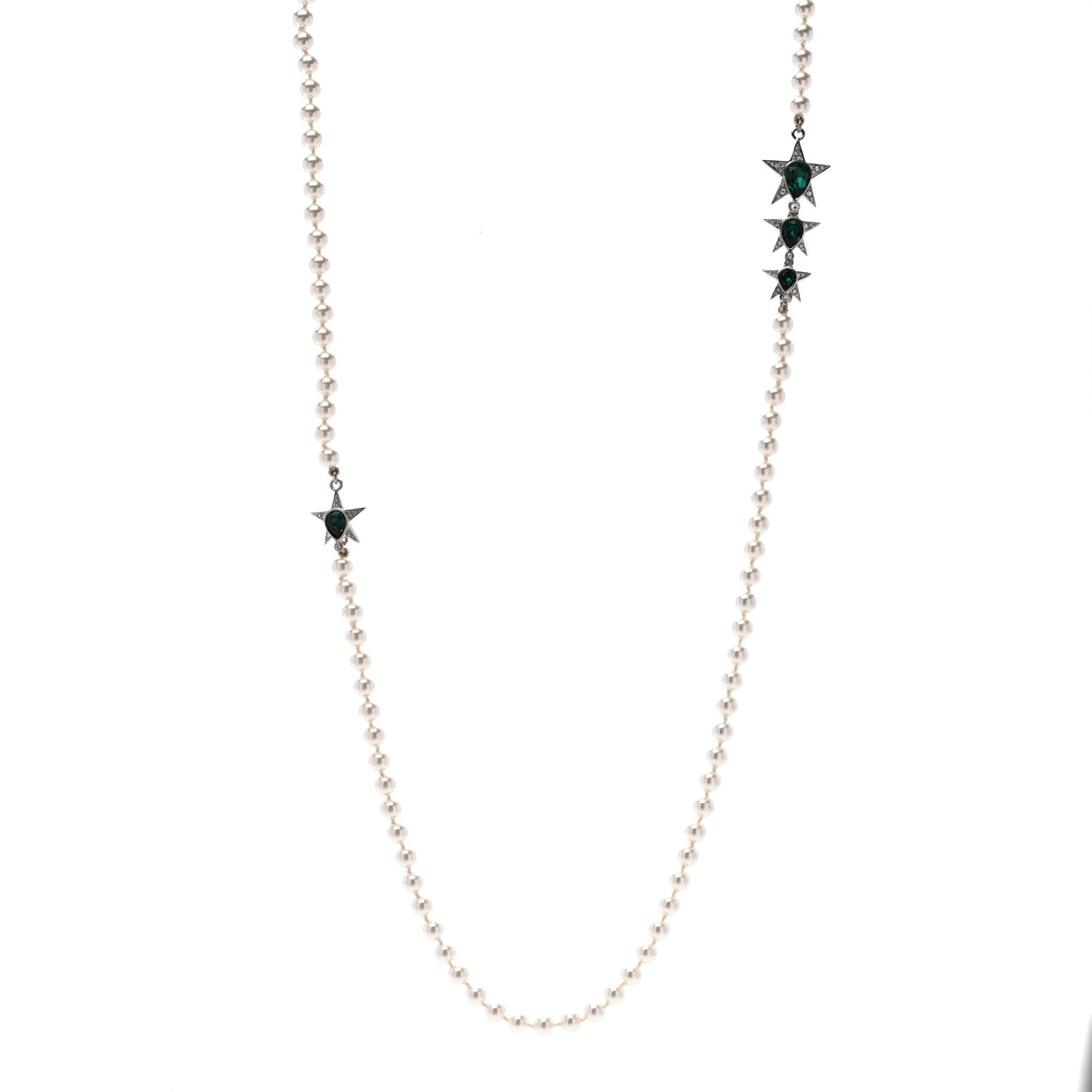 Pearl Star CC Long Necklace Green White Silver
