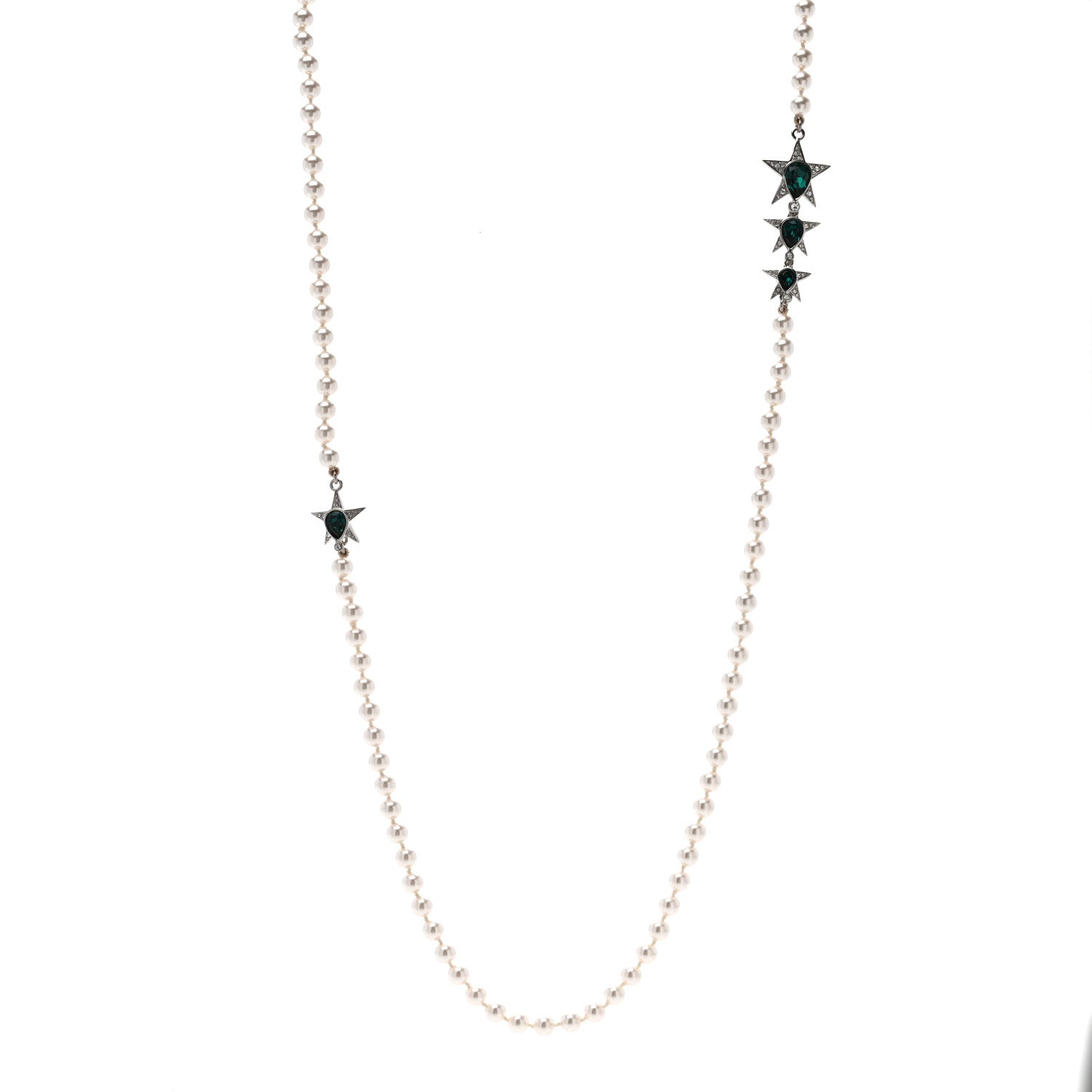Chanel Pearl Star CC Long Necklace Green White Silver 1 of 4