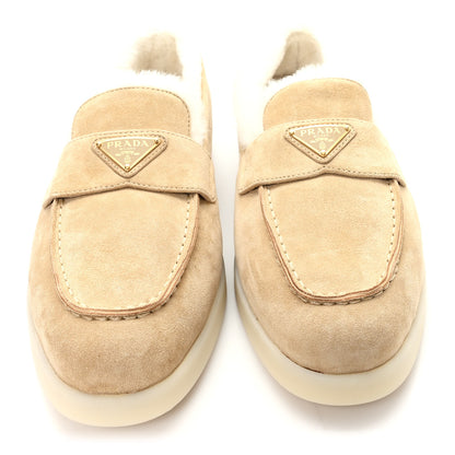 Prada Suede Shearling Triangle Logo Loafer 39 Ecru 3 of 9
