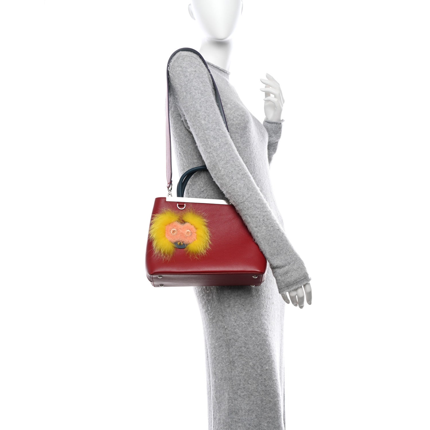 Fendi Vitello Dolce Fox Mink Crystal Bi-Color Monster Mirror Charm Petite 2Jours Tote Ribes 3 of 13