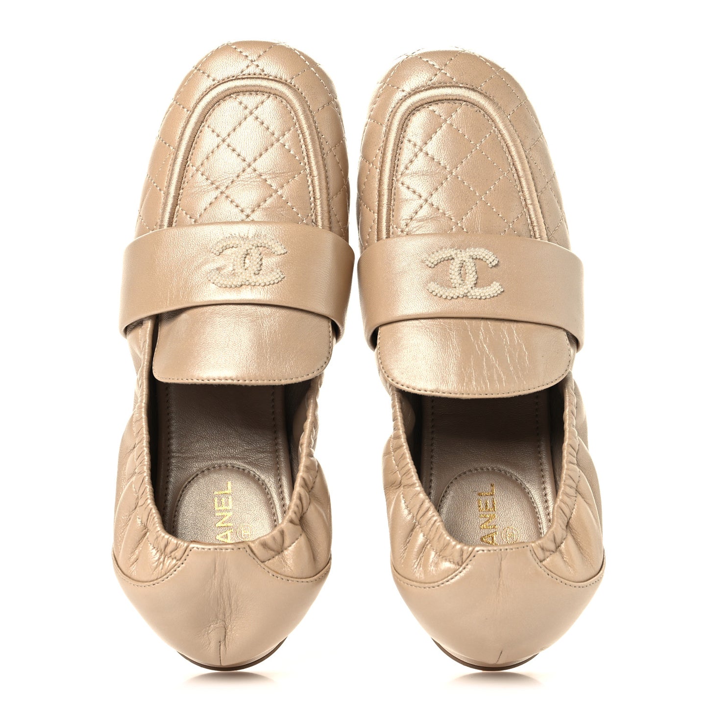 Laminated Lambskin Womens Quilted Elastic CC Moccasin Loafers 37.5 Beige