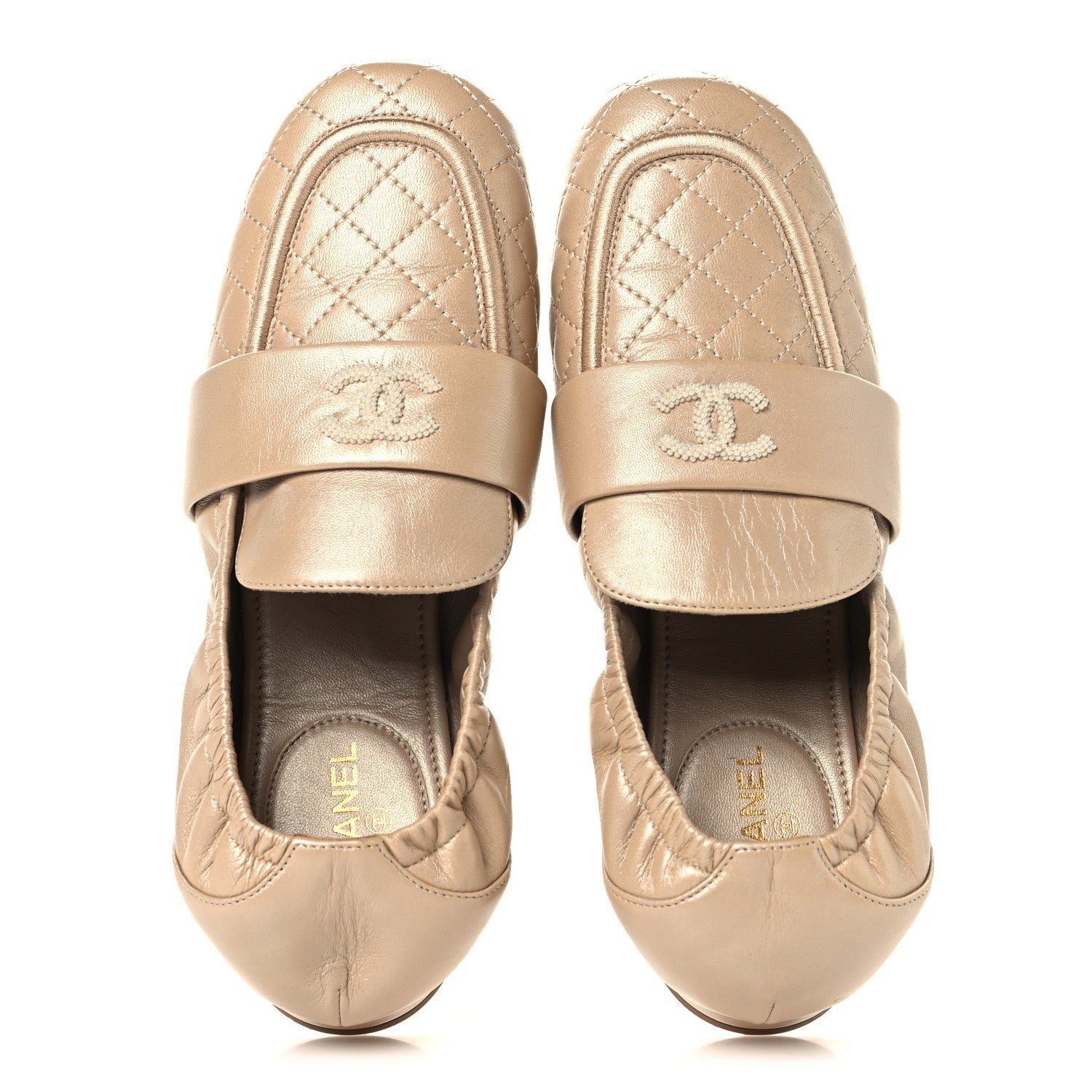 Chanel Laminated Lambskin Womens Quilted Elastic CC Moccasin Loafers 37.5 Beige 2 of 10