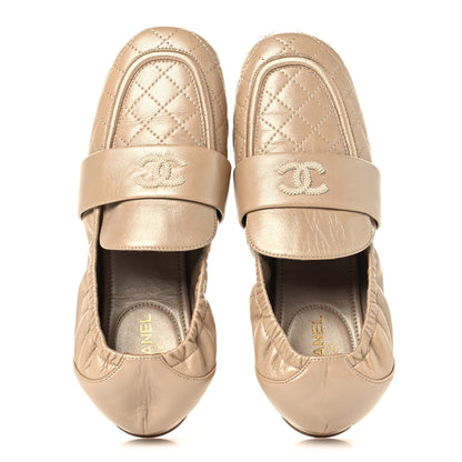 Chanel Laminated Lambskin Womens Quilted Elastic CC Moccasin Loafers 37.5 Beige 2 of 10