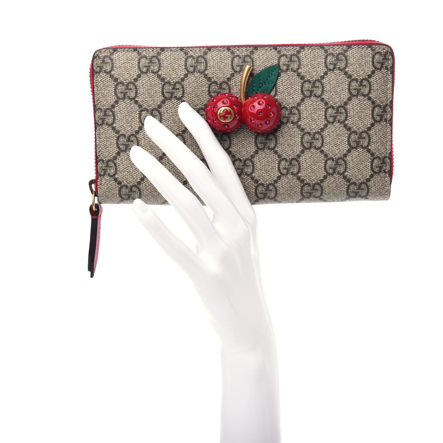 GG Supreme Monogram Cherries Zip Around Wallet Hibiscus Red