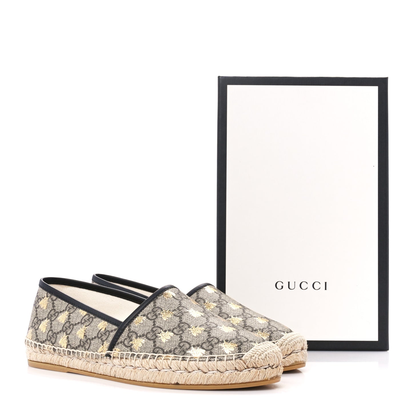 GG Supreme Monogram Bees Espadrille Flats 40.5 Beige Ebony Oro Black
