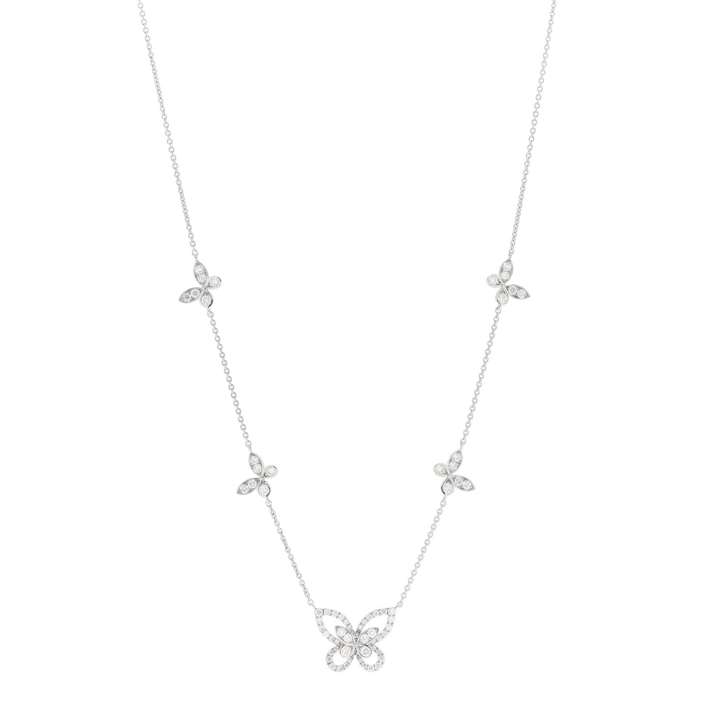 18K White Gold Diamond Multi Butterfly Silhouette Pendant Necklace