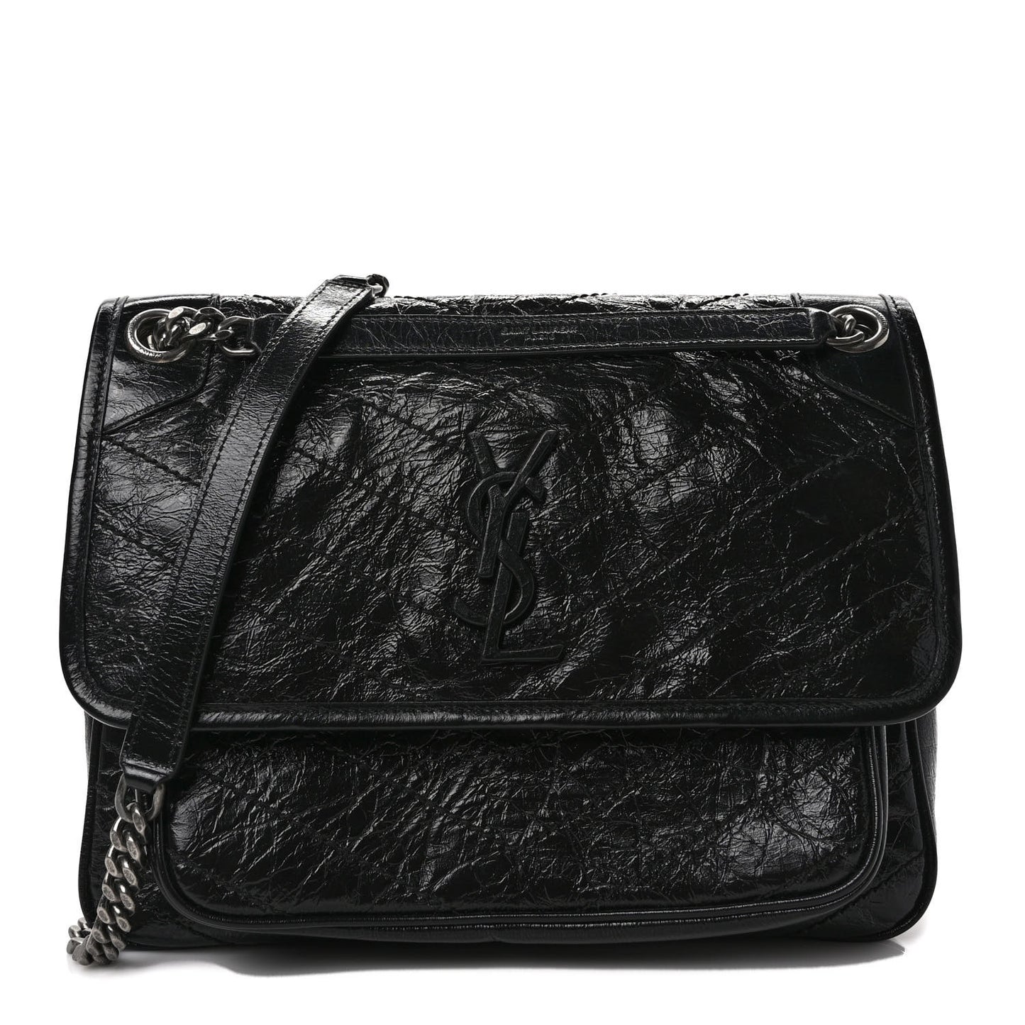 Crinkled Calfskin Matelasse Monogram Medium Niki Chain Satchel Black