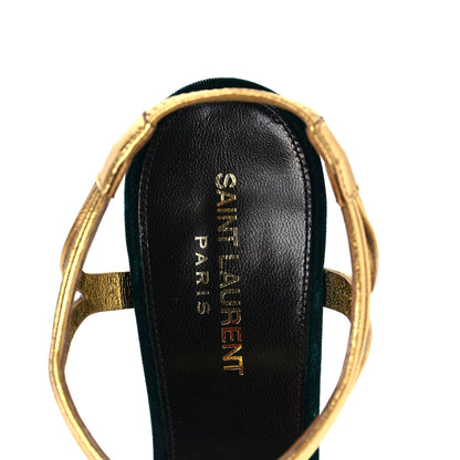 Saint Laurent Metallic Velvet Talitha Ankle Strap Sandals 39 Green Gold 7 of 9