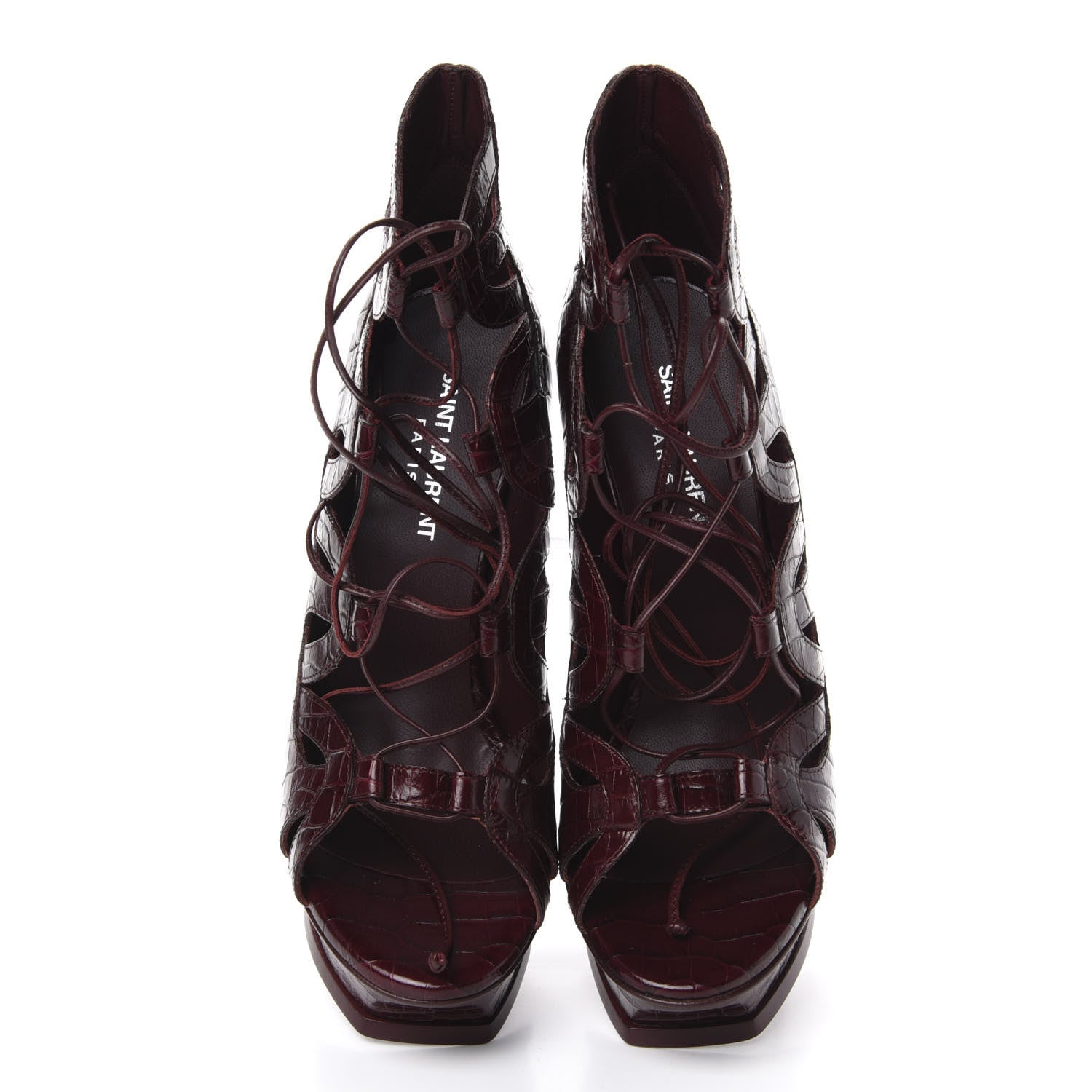 Saint Laurent Calfskin Crocodile Embossed Tribute 16 Lace Up Platform Sandals 38 Rouge Legion 5 of 11