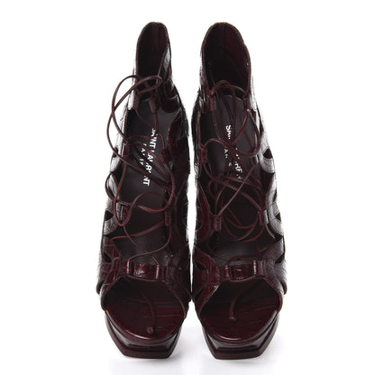 Saint Laurent Calfskin Crocodile Embossed Tribute 16 Lace Up Platform Sandals 38 Rouge Legion 5 of 11