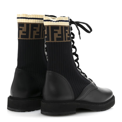 Fendi Calfskin Stretch Fabric Rockoko Biker Boots 37.5 Tobacco Black Marino 5 of 10