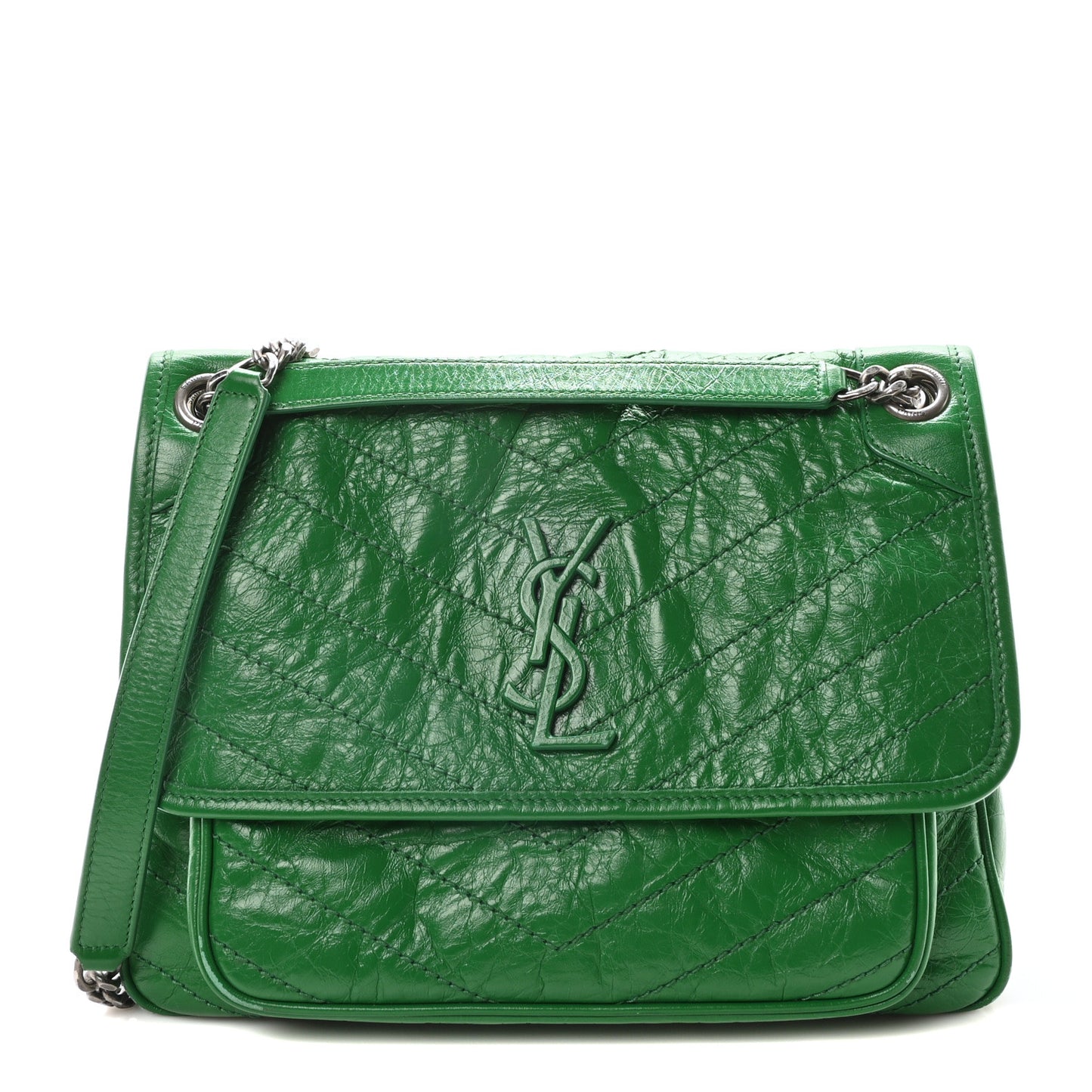 Crinkled Calfskin Matelasse Monogram Medium Niki Chain Satchel New Vert Praire