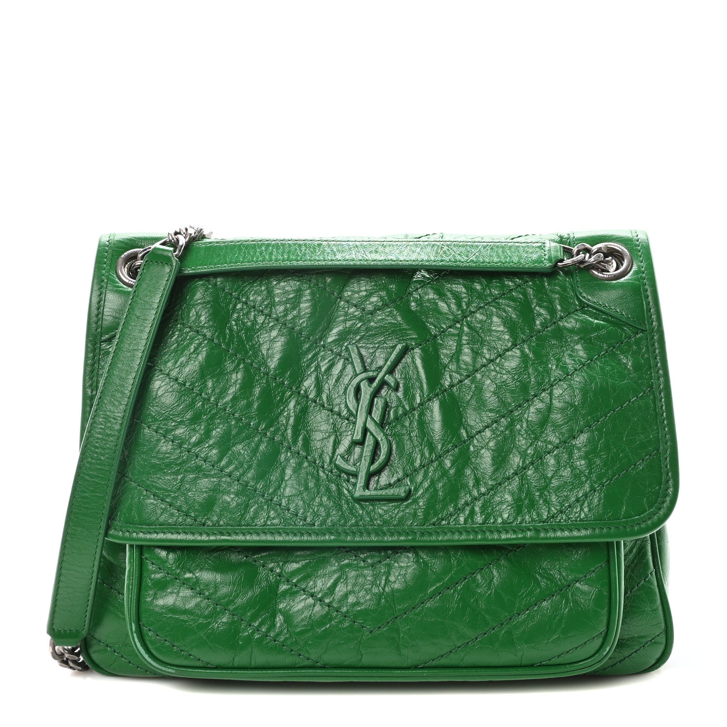 Saint Laurent Crinkled Calfskin Matelasse Monogram Medium Niki Chain Satchel New Vert Praire 1 of 10