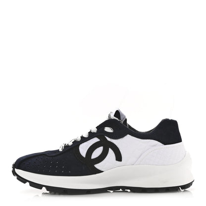 Chanel Fabric Suede Kidskin CC Sneakers 37 Dark Navy White 1 of 10