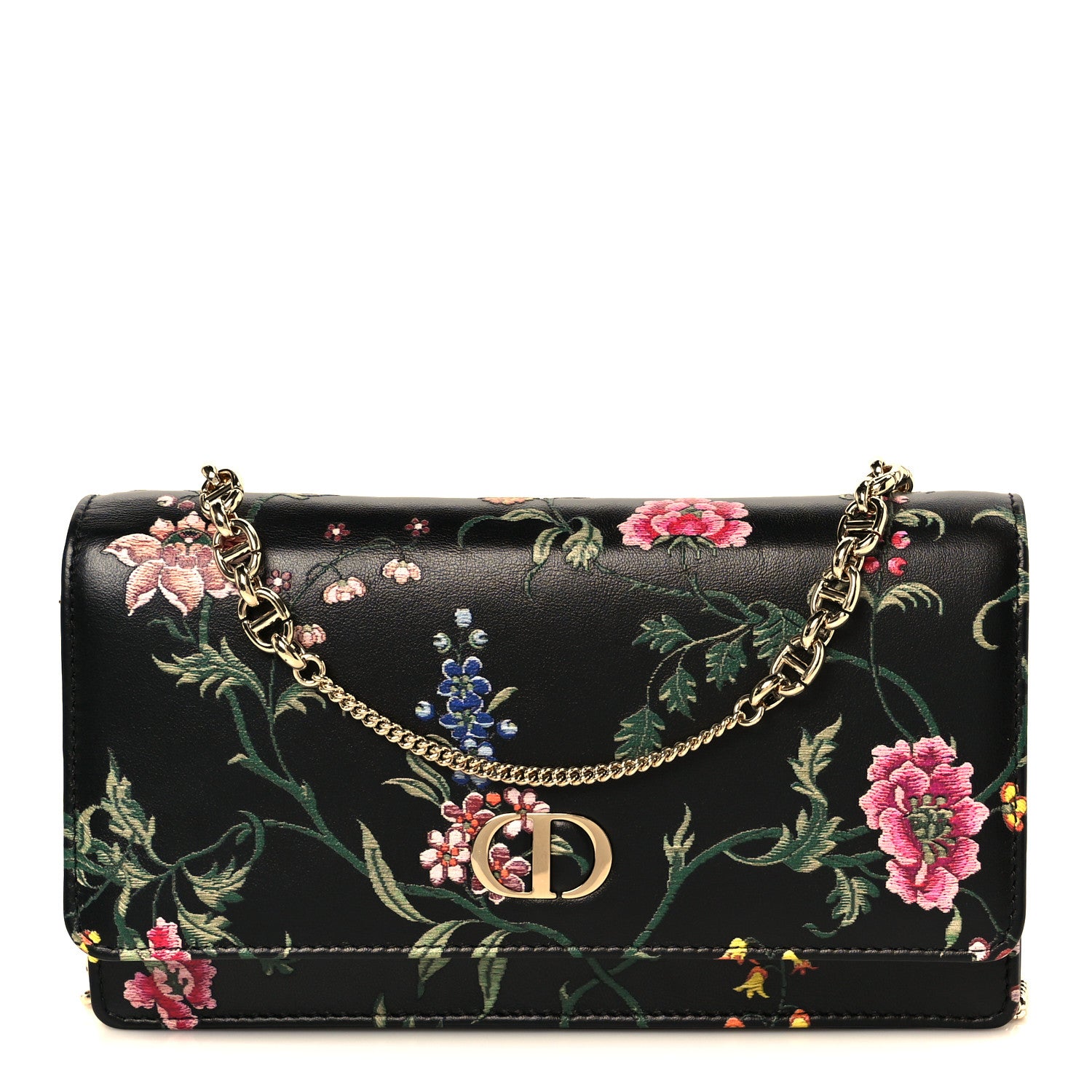 Christian Dior Calfskin Petites Fleurs Print Caro Pouch With Chain Black Multicolor 1 of 10
