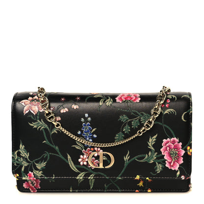 Christian Dior Calfskin Petites Fleurs Print Caro Pouch With Chain Black Multicolor 1 of 10