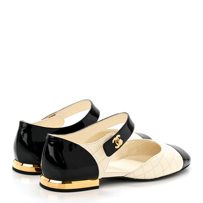 Chanel Patent Lambskin Quilted Cap Toe Ballerina Flats 39.5 Ivory Black 4 of 9