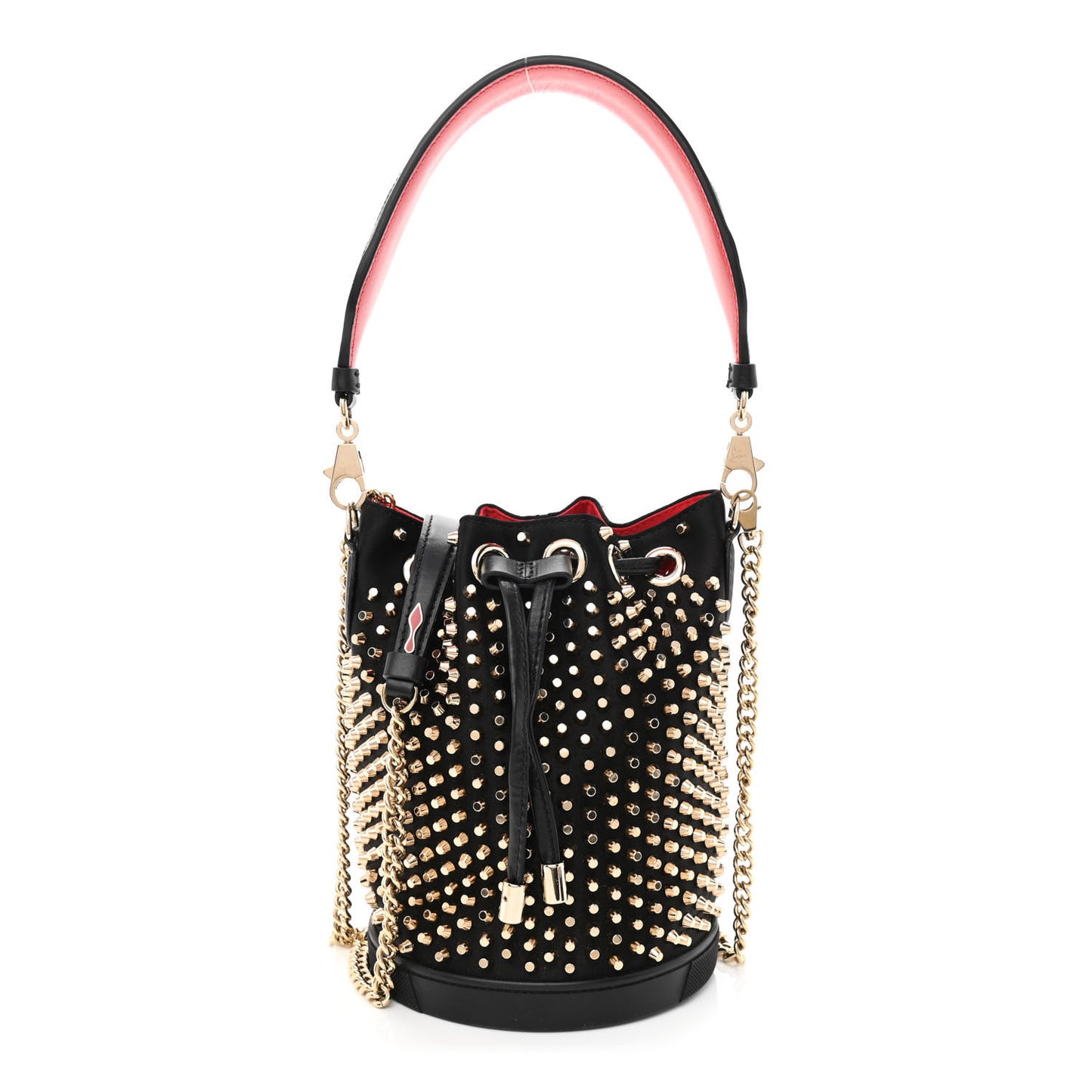 Silk Satin Calfskin Marie Jane Loubirun Studded Bucket Black Gold Platine