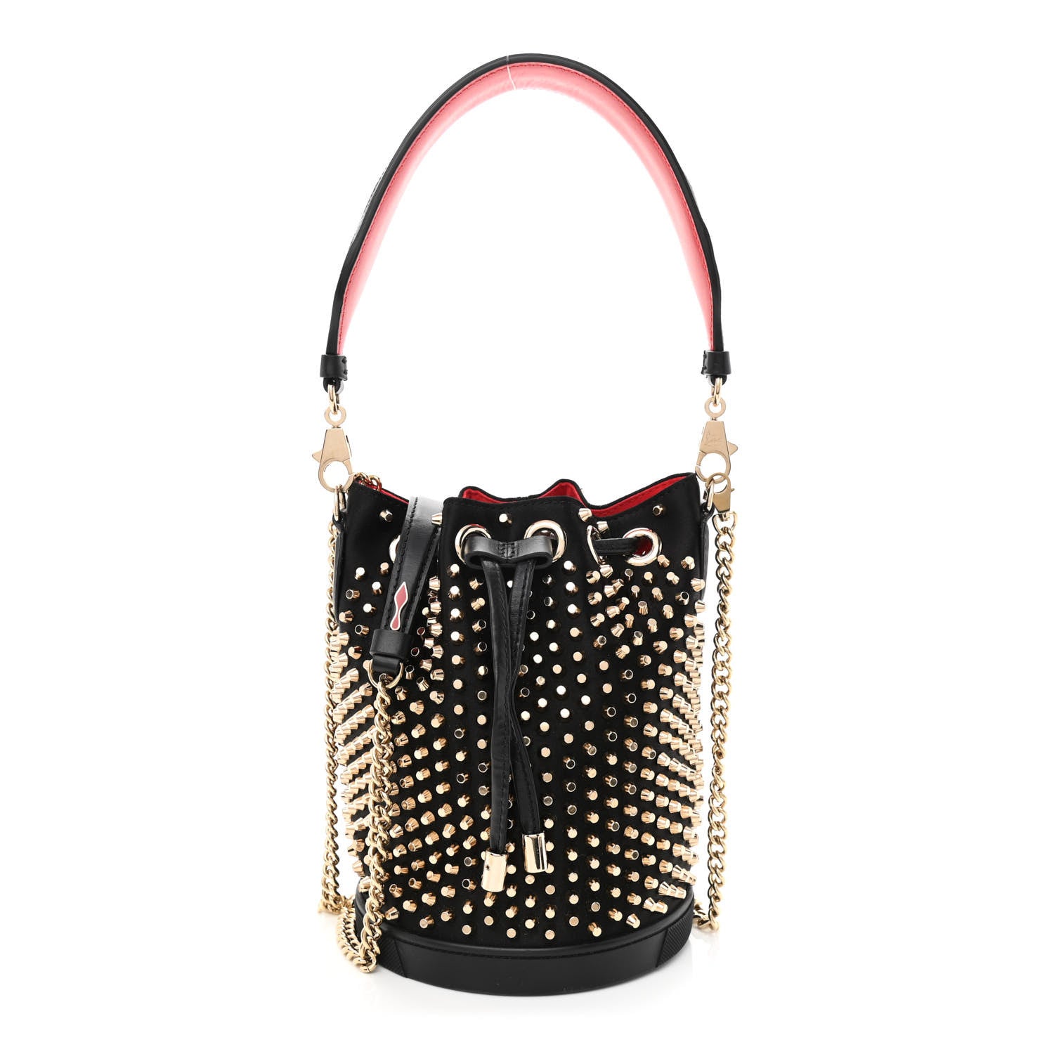 Christian Louboutin Silk Satin Calfskin Marie Jane Loubirun Studded Bucket Black Gold Platine 1 of 12