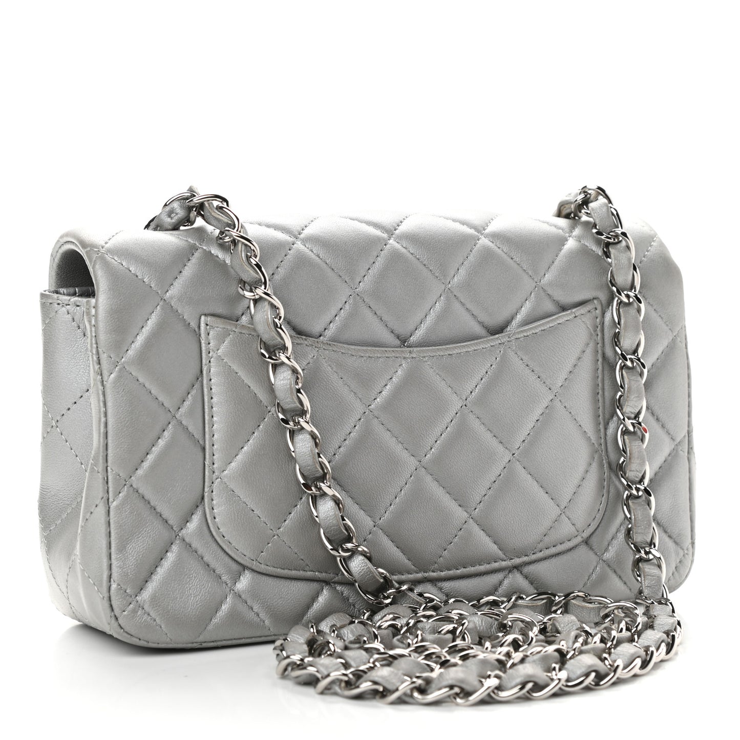 Metallic Lambskin Quilted Mini Rectangular Flap Silver
