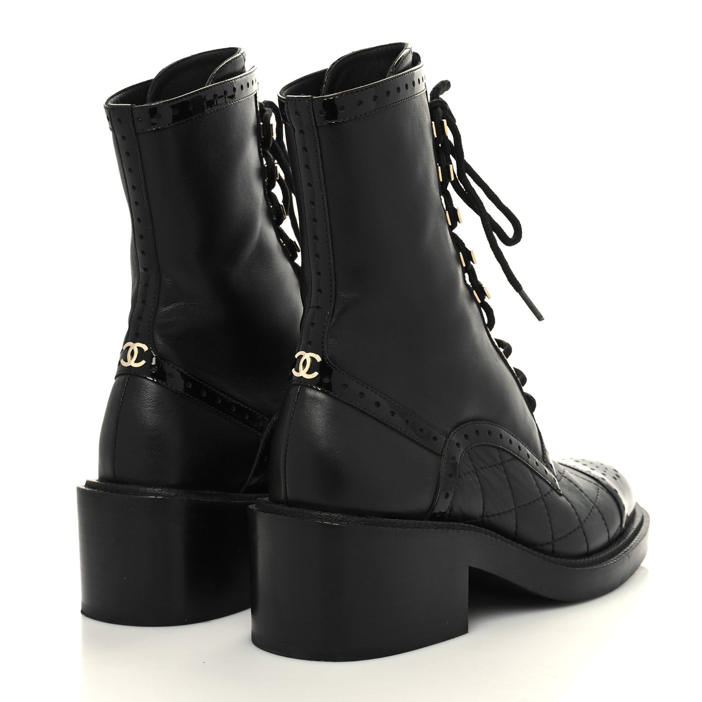 Lambskin Patent Calfskin Quilted CC Lace Up Combat Boots 37 Black