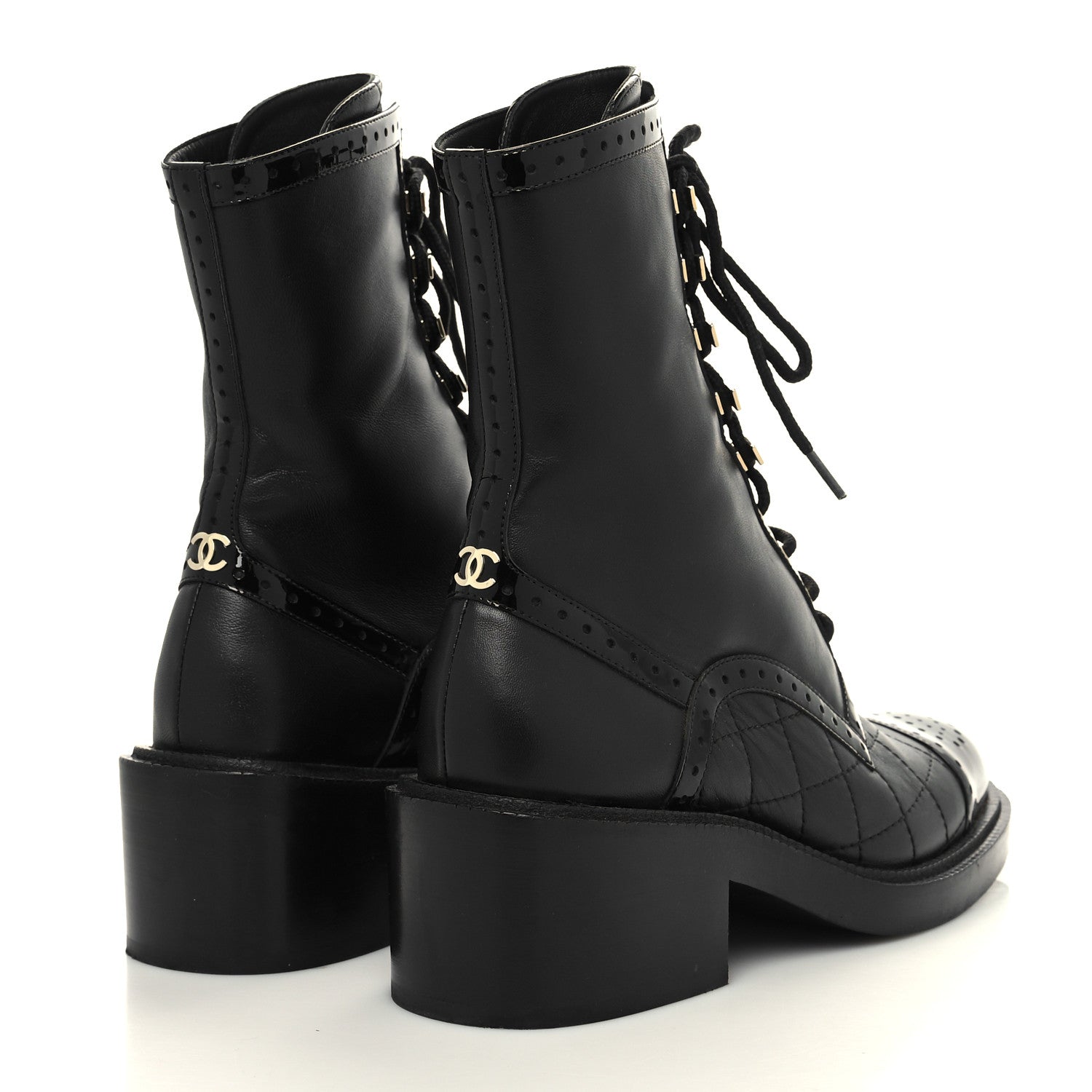 Chanel Lambskin Patent Calfskin Quilted CC Lace Up Combat Boots 37 Black 4 of 9