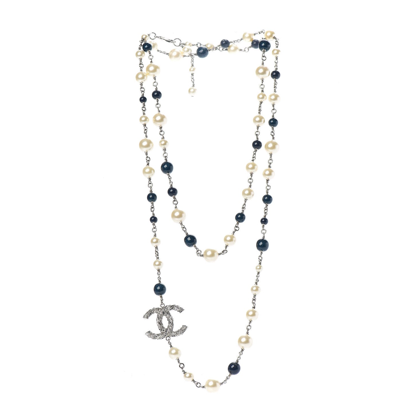 Pearl Bead CC Long Necklace Blue Silver