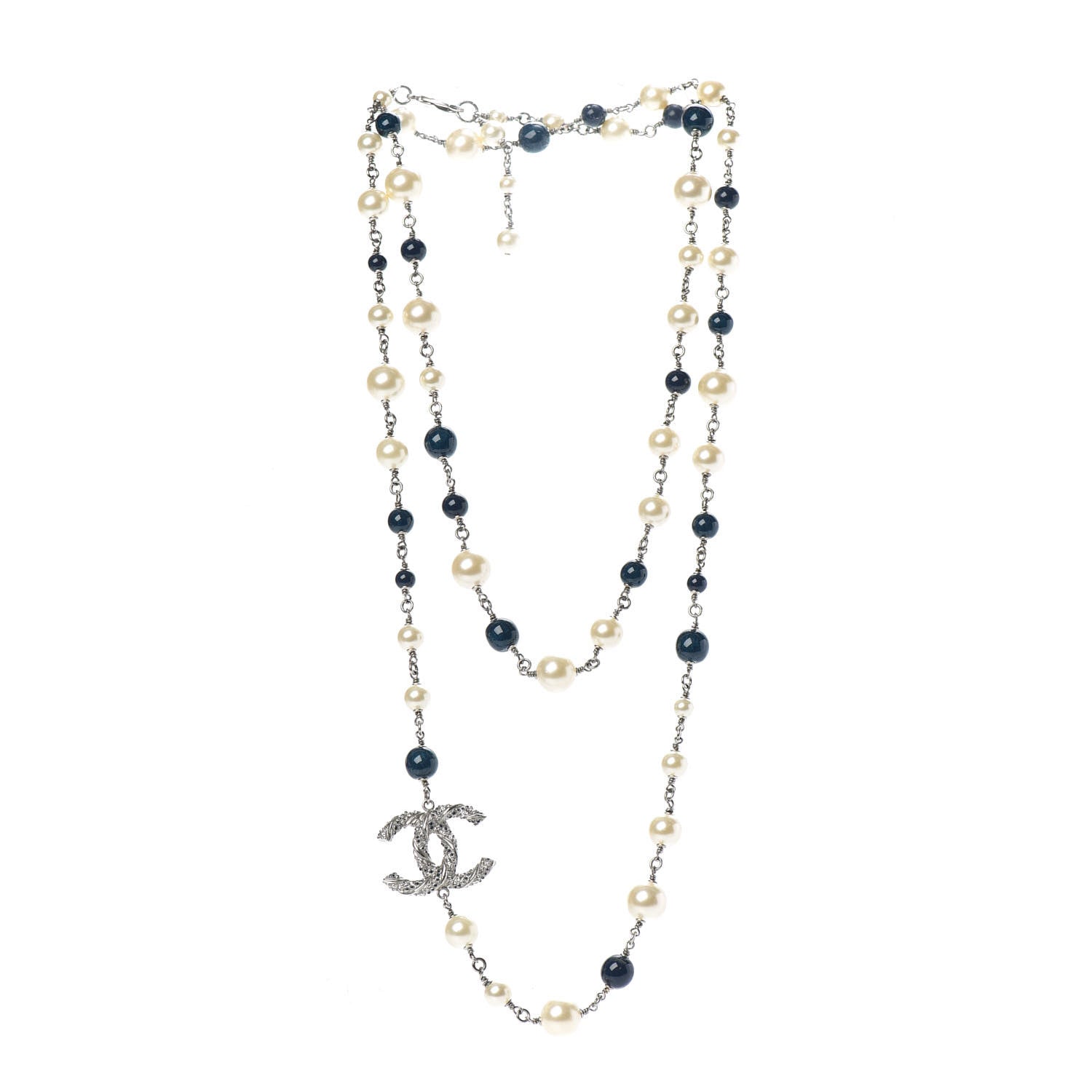 Chanel Pearl Bead CC Long Necklace Blue Silver 3 of 6