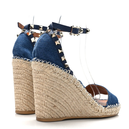 Valentino Garavani Denim Rockstud Ankle Strap Espadrille 15/105mm Wedge Sandals 37 Light Denim 4 of 7