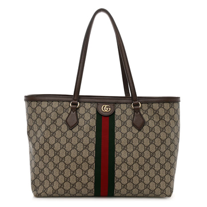 Gucci GG Supreme Monogram Textured Calfskin Web Medium Ophidia Shopping Tote Beige Ebony New Acero 1 of 14
